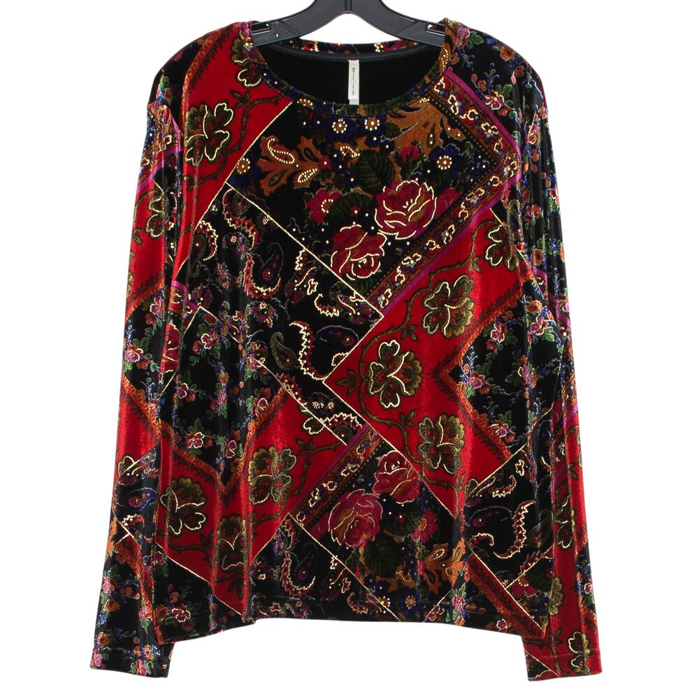 Top Paisley Velvet Patchwork Boho Whimsigoth Artsy Renaissance Metallic Red XL